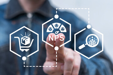 Man using virtual touch screen presses abbreviation: NPS. Concept of NPS Net Promoter Score....
