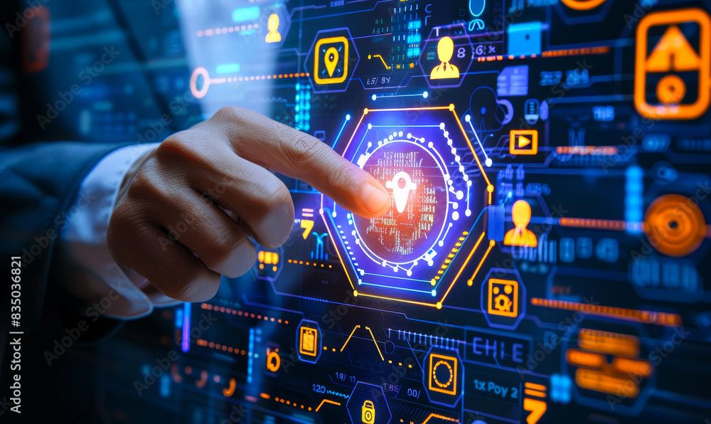 Poster businessman engaging cybersecurity interface button in digital network environment for data protecti