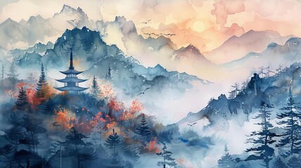 Capture the tranquility of nature through stunning watercolor and Chinese ink paintings featuring a picturesque landscape with a Japanese pagoda nestled among majestic mountains