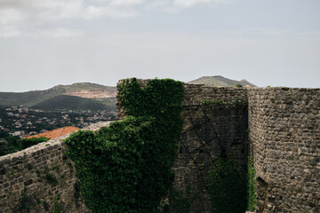 Old Bar medieval fortress in Montenegro country. A popular tourist destination to visit. Stari Bar - ruined medieval city on Adriatic coast, Unesco World Heritage Site. Walls overgrown with green ivy.