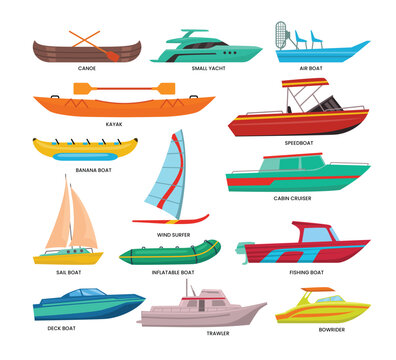 Set of different types of boat set collection, boat types, Wooden ships for ocean or marine sail garish vector tourism water transport for river or lake with kayak, canoe, yacht, cruiser, trawler.