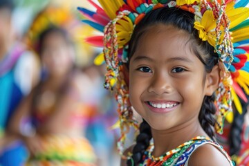 Fototapeta premium A young girl wearing a colorful headdress and smiling