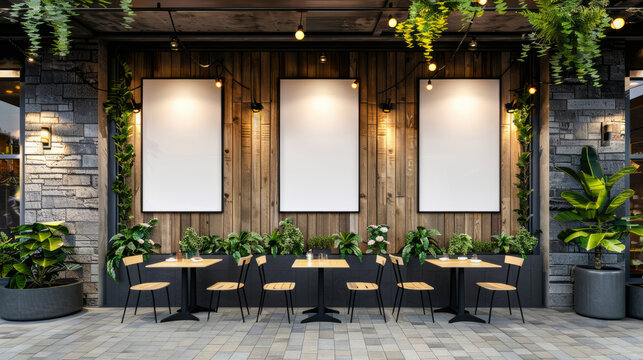 Outdoor cafe with blank posters and modern decor
