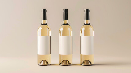 Three wine bottles with blank labels on beige background