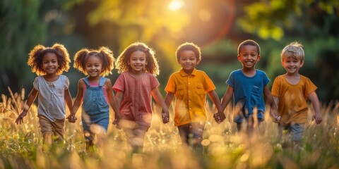 Group of diverse children holding hands and walking in a sunny field . World children's Day