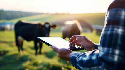 of a man holding a clipboard. He is standing in a field with cows. the theme is the use of modern technology in agriculture, for farm management or livestock monitoring.