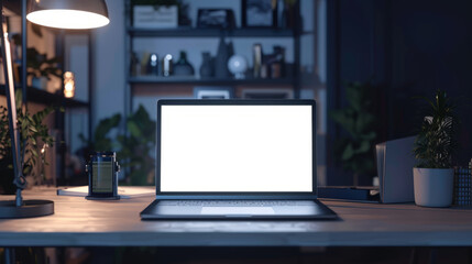 Modern workspace with blank screen laptop in home office