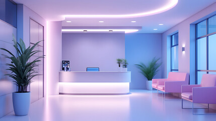 Empty modern hospital corridor, clinic hallway interior background with white chairs for patients waiting for doctor visit. Contemporary waiting room in medical office. Healthcare services concept