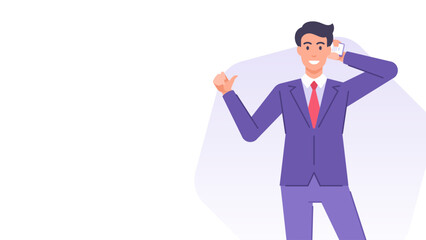 Business man call smartphone showing cool thumb up banner design template vector flat
