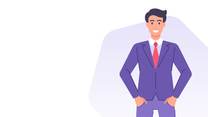 Smiling cartoon business man standing with hands in pocket banner design template vector flat