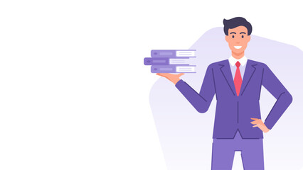 Business man with document folder stack archive paperwork banner design template vector flat