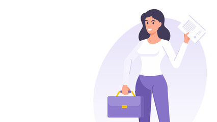 Cartoon business woman contract agreement deal document banner design template vector flat