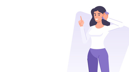 Business woman call smartphone pointing copy space banner design template vector flat illustration