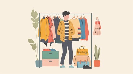 An illustration in 2D flat style of a character sorting their wardrobe to donate or recycle old clothes. The minimalist design focuses on the principles of slow fashion and the importance of reducing