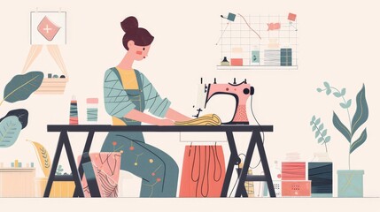An illustration in 2D flat style of a character practicing zero waste fashion by using a sewing machine to repair and alter clothes. The minimalist design emphasizes the importance of extending the
