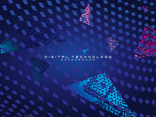  Abstract technology unique pattern futuristic digital concept with lighting square elements glowing particles on dark blue background. Digital world vector illustration.