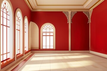 Fototapeta premium Empty room in Arabic style. Realistic spacious 3d Arabic room with large windows light shines through the window