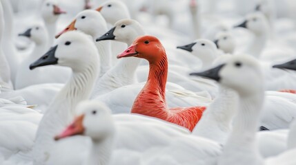 Obraz premium Red goose in a flock of white geese. Concept of differences in society, concept of leadership