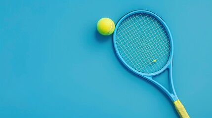 a banner,a tennis racket with a ball on a light blue background in neon light,a place for text,,the concept of sports materials,news posters and posters,advertising sports equipment