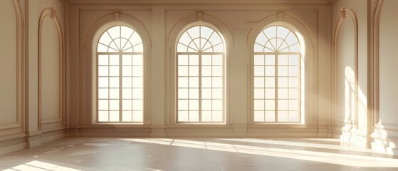 Empty room in Arabic style. Realistic spacious 3d Arabic room with large windows light shines through the window