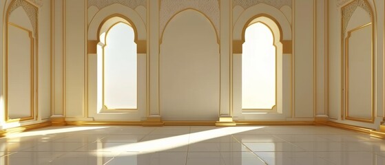 Empty room in Arabic style. Realistic spacious 3d Arabic room with large windows light shines through the window