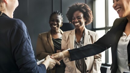A diverse group of businesswomen shake hands and share a laugh in a bright office, highlighting teamwork and professional relationships.