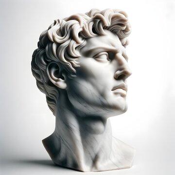 Eine Marmorb&uuml;ste eines m&auml;nnlichen Kopfes, fein detailliert und kunstvoll gestaltet. Die wei&szlig;e Marmorskulptur zeigt beeindruckende Texturen in klassischer Form 