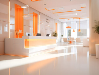 Empty modern hospital corridor, clinic hallway interior background with white chairs for patients waiting for doctor visit. Contemporary waiting room in medical office. Healthcare services concept