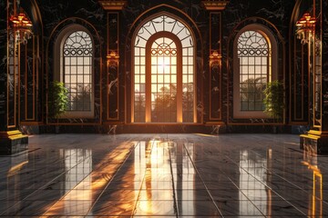 Fototapeta premium Empty room in Arabic style. Realistic spacious 3d Arabic room with large windows light shines through the window