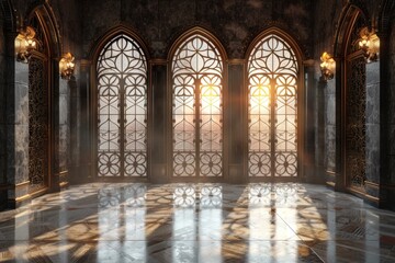 Obraz premium Empty room in Arabic style. Realistic spacious 3d Arabic room with large windows light shines through the window