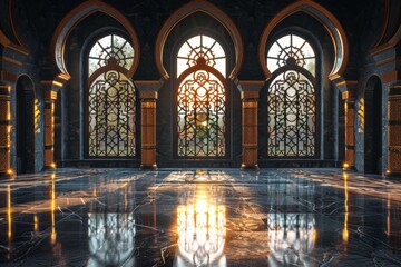 Obraz premium Empty room in Arabic style. Realistic spacious 3d Arabic room with large windows light shines through the window