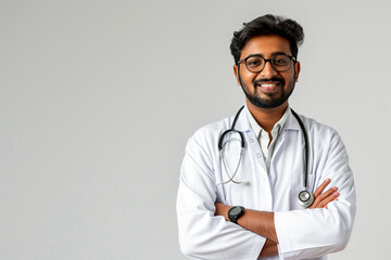 Indian man in a white lab coat is smiling and posing for a picture