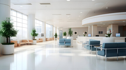 Fototapeta premium Empty modern hospital corridor, clinic hallway interior background with white chairs for patients waiting for doctor visit. Contemporary waiting room in medical office. Healthcare services concept