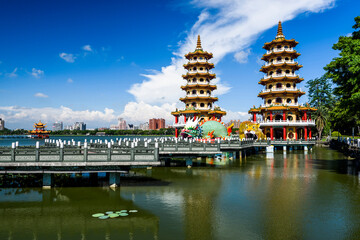 Architecture view of the Dragon and Tiger Pagodas in Lotus Pond(Lianchihtan) of Kaohsiung, Taiwan. it is a temple located at Lotus Pond.