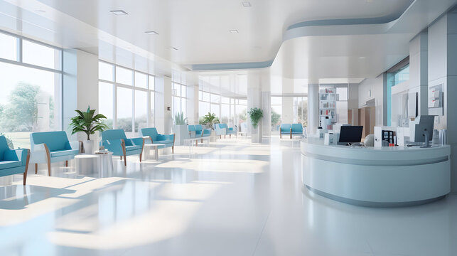 Empty modern hospital corridor, clinic hallway interior background with white chairs for patients waiting for doctor visit. Contemporary waiting room in medical office. Healthcare services concept