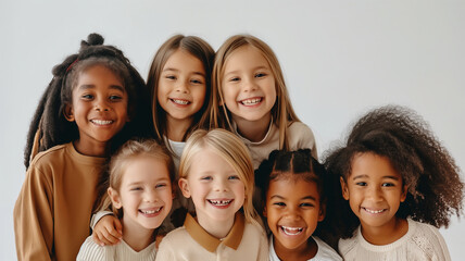 Obraz premium A group of children are smiling for the camera. Kids diversity, multiracial group of preschoolers
