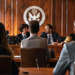 A government official discussing legal reforms with a panel of judges and lawyers