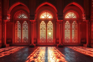 Obraz premium Empty room in Arabic style. Realistic spacious 3d Arabic room with large windows light shines through the window