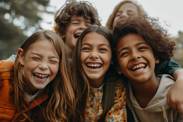 A group of children are smiling and hugging each other