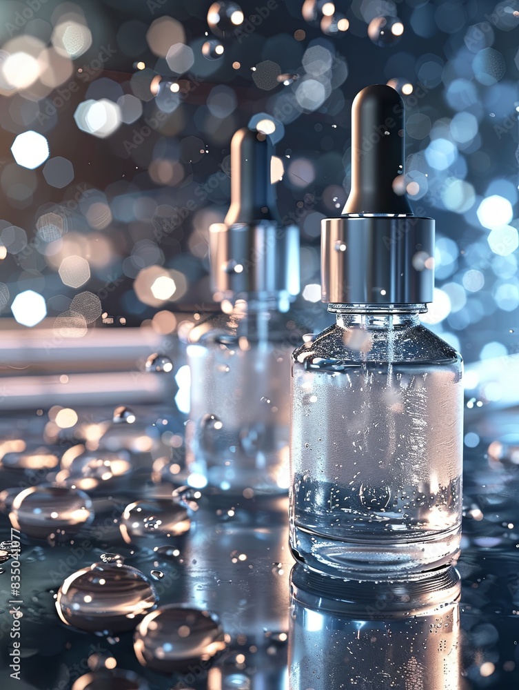 Poster close-up of glass bottles containing serums with droplets on a lab surface. generative ai