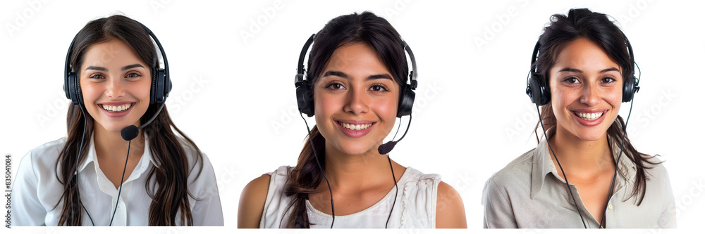 Poster an isolated white background shows a young call center agent with headsets, a telemarketing sales or