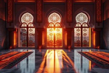 Obraz premium Empty room in Arabic style. Realistic spacious 3d Arabic room with large windows light shines through the window