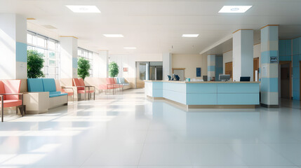 Empty modern hospital corridor, clinic hallway interior background with white chairs for patients waiting for doctor visit. Contemporary waiting room in medical office. Healthcare services concept