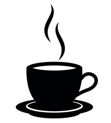 a cup of steaming tea or coffee on a saucer silhouette shape, black and white vector illustration of hot beverage