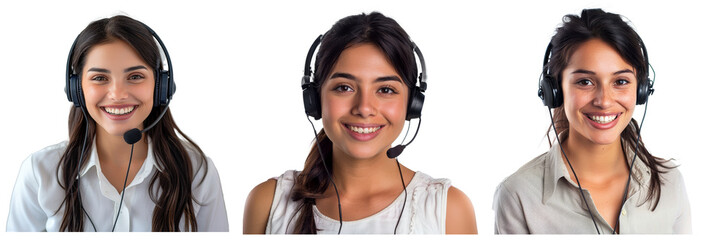 An isolated white background shows a young call center agent with headsets, a telemarketing sales or customer service operator concept..