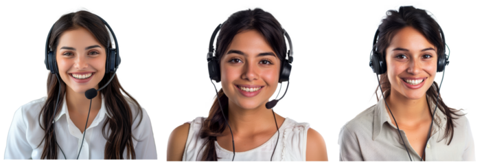 An isolated white background shows a young call center agent with headsets, a telemarketing sales or customer service operator concept..