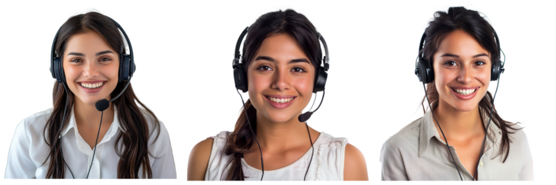 An isolated white background shows a young call center agent with headsets, a telemarketing sales or customer service operator concept..