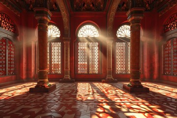 Obraz premium Empty room in Arabic style. Realistic spacious 3d Arabic room with large windows light shines through the window
