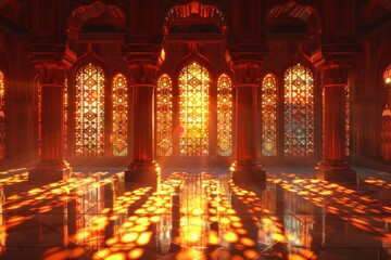 Empty room in Arabic style. Realistic spacious 3d Arabic room with large windows light shines through the window