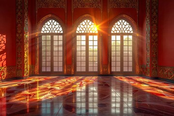 Empty room in Arabic style. Realistic spacious 3d Arabic room with large windows light shines through the window